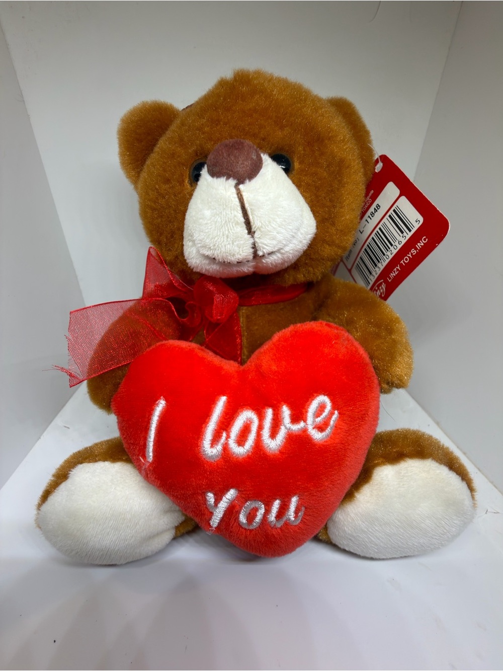 Plush Brown Teddy Bear with Red Heart and Ribbon Accent